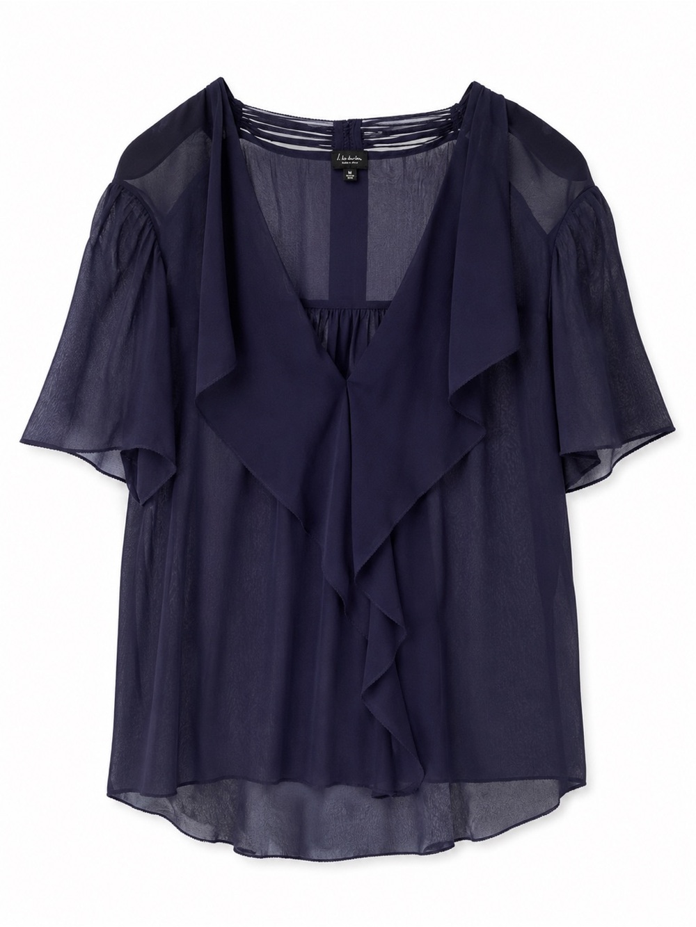 BABATON 100% Silk Sheer Ruffle Blouse Draped Boho Luxe Navy Medium Top